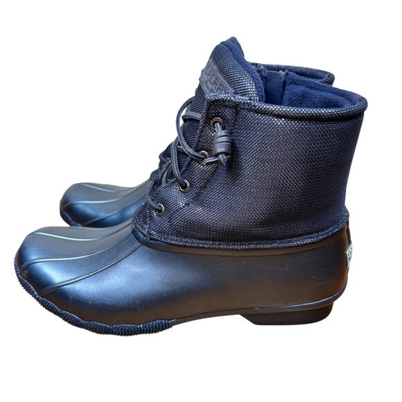 Sperry 9.5 Duck Boot Women Insulated Rubber Rain Boot Blue Shimmer Lace Up - Picture 1 of 7